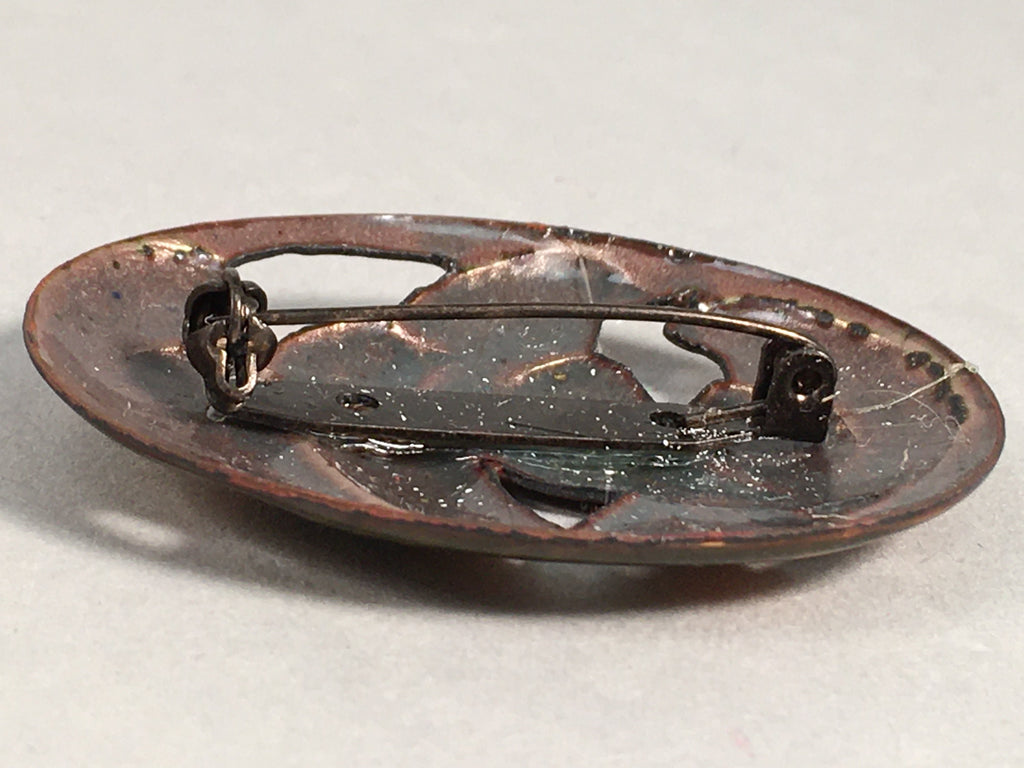 Japanese Cloisonne Brooch Vtg Metal Glass Pin Shippo Bird Gold Green Oval JK71
