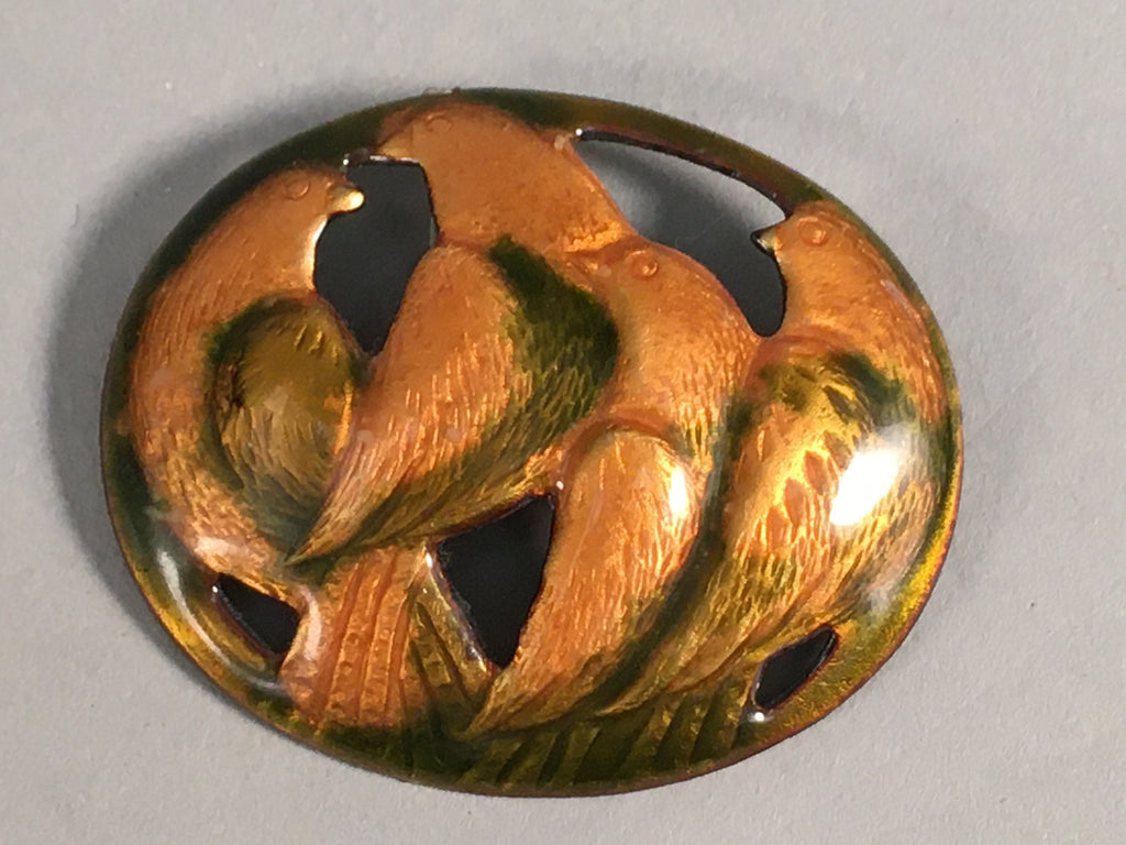 Japanese Cloisonne Brooch Vtg Metal Glass Pin Shippo Bird Gold Green Oval JK71