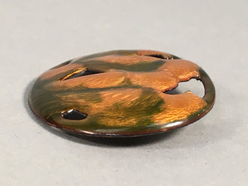 Japanese Cloisonne Brooch Vtg Metal Glass Pin Shippo Bird Gold Green Oval JK71