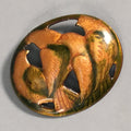 Japanese Cloisonne Brooch Vtg Metal Glass Pin Shippo Bird Gold Green Oval JK71