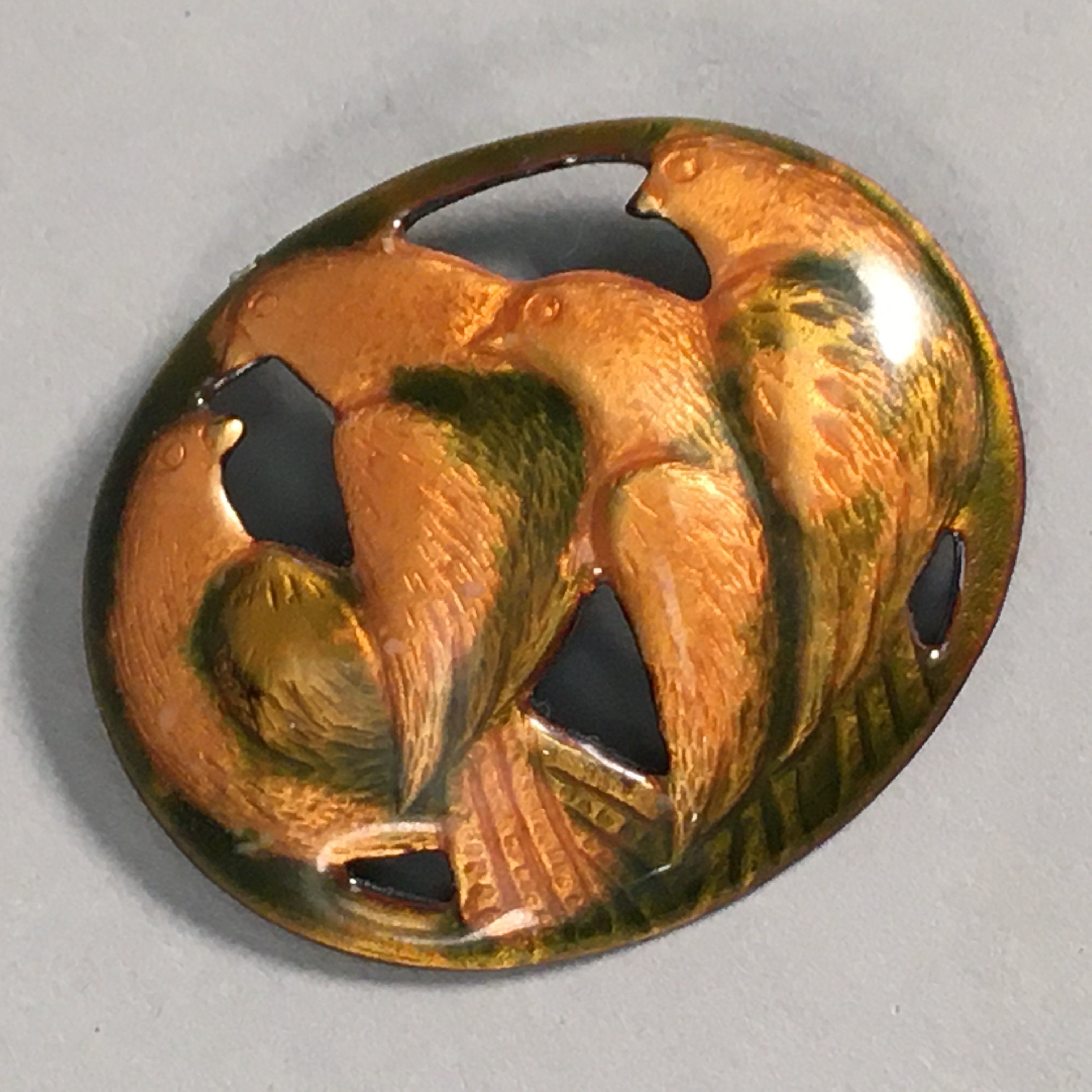 Japanese Cloisonne Brooch Vtg Metal Glass Pin Shippo Bird Gold Green Oval JK71