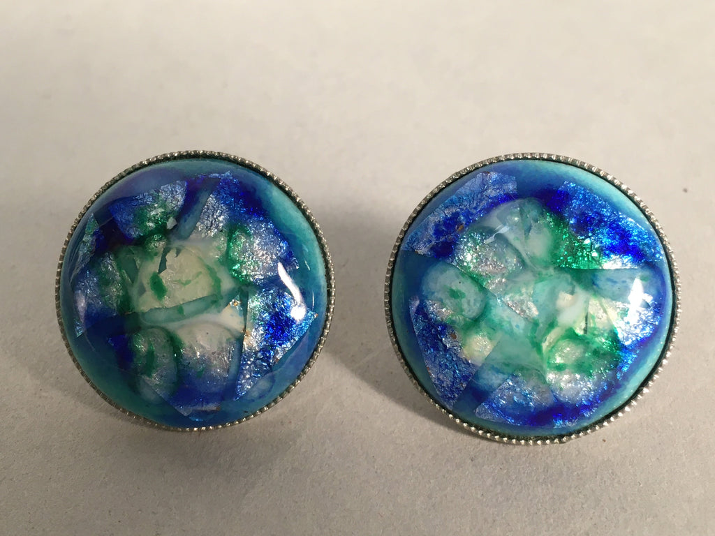 Japanese Cloisonne Earrings Vtg Metal Glass Shippo Round Blue Green White JK77