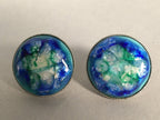 Japanese Cloisonne Earrings Vtg Metal Glass Shippo Round Blue Green White JK77