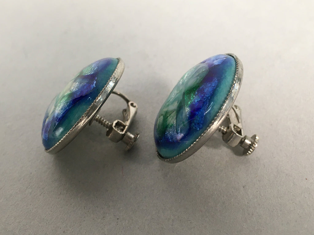 Japanese Cloisonne Earrings Vtg Metal Glass Shippo Round Blue Green White JK77