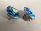 Japanese Cloisonne Earrings Vtg Metal Glass Shippo Round Blue Green White JK77