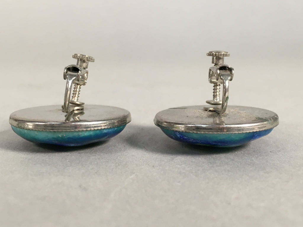 Japanese Cloisonne Earrings Vtg Metal Glass Shippo Round Blue Green White JK77