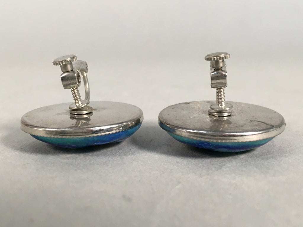 Japanese Cloisonne Earrings Vtg Metal Glass Shippo Round Blue Green White JK77