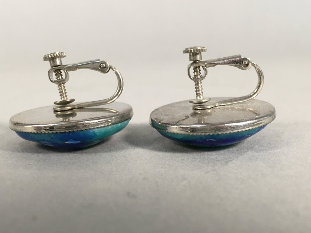 Japanese Cloisonne Earrings Vtg Metal Glass Shippo Round Blue Green White JK77