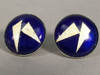 Japanese Cloisonne Earrings Vtg Metal Glass Shippo Round Gold Blue JK76