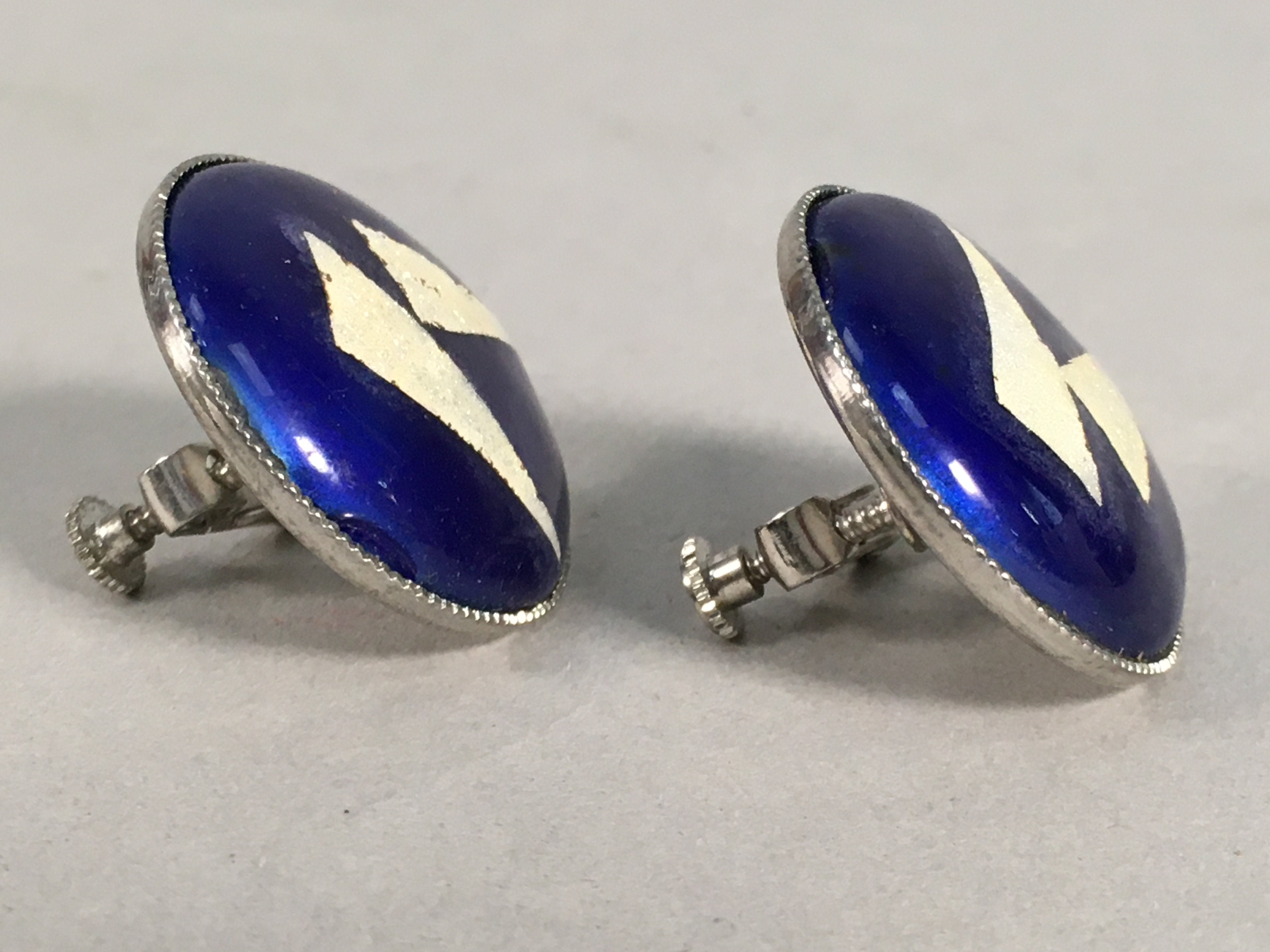 Japanese Cloisonne Earrings Vtg Metal Glass Shippo Round Gold Blue JK76