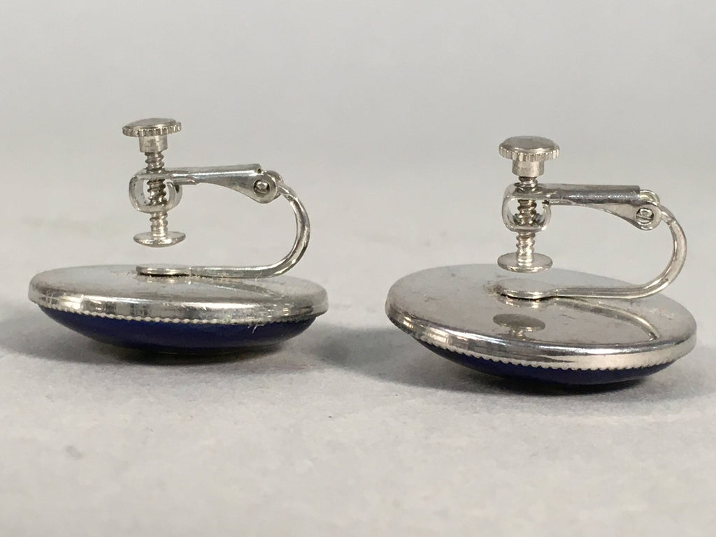 Japanese Cloisonne Earrings Vtg Metal Glass Shippo Round Gold Blue JK76