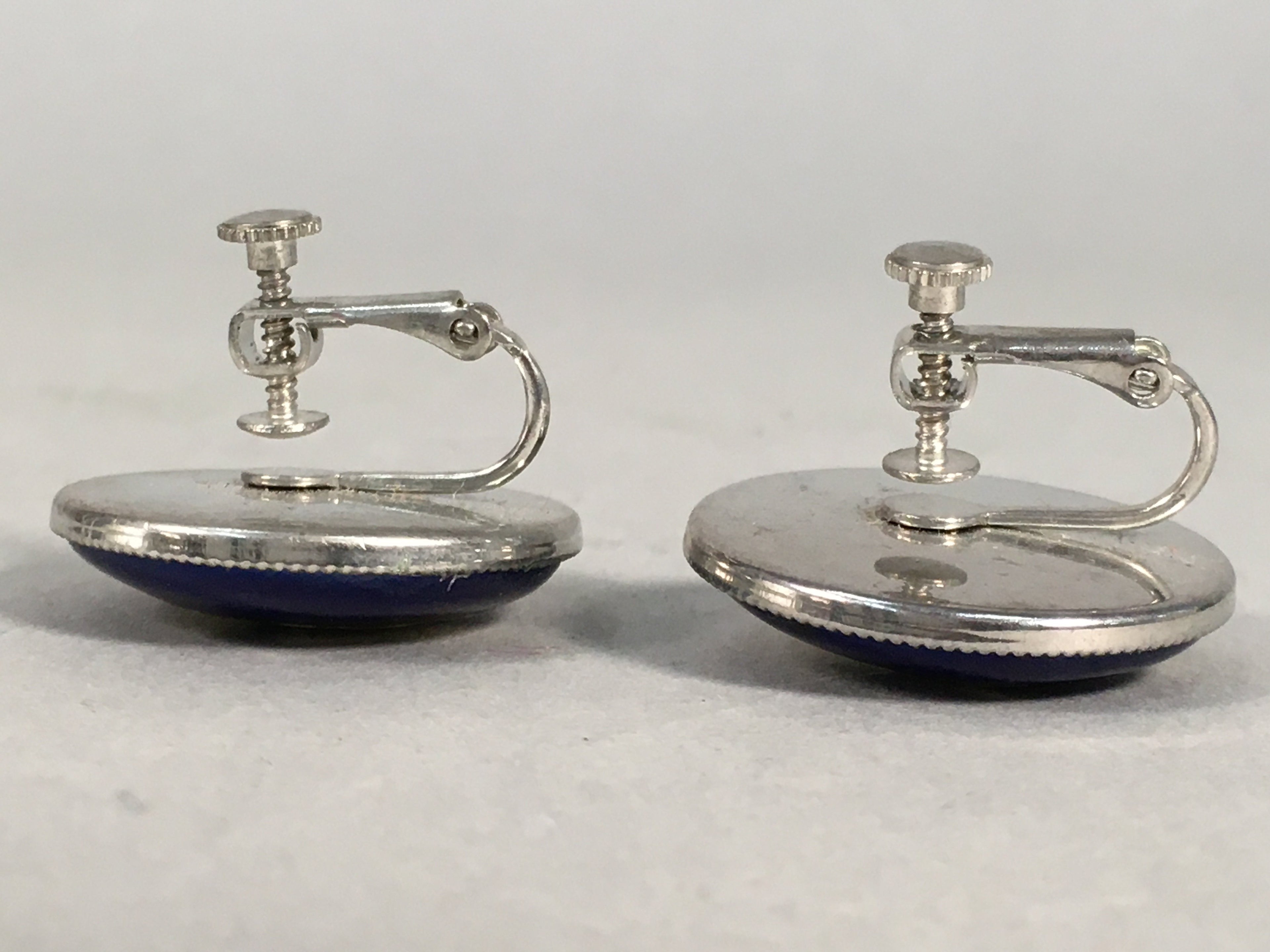 Japanese Cloisonne Earrings Vtg Metal Glass Shippo Round Gold Blue JK76