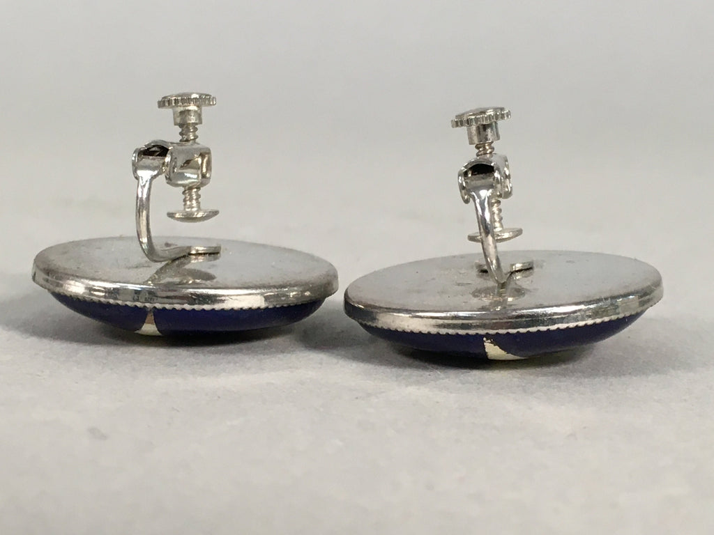 Japanese Cloisonne Earrings Vtg Metal Glass Shippo Round Gold Blue JK76