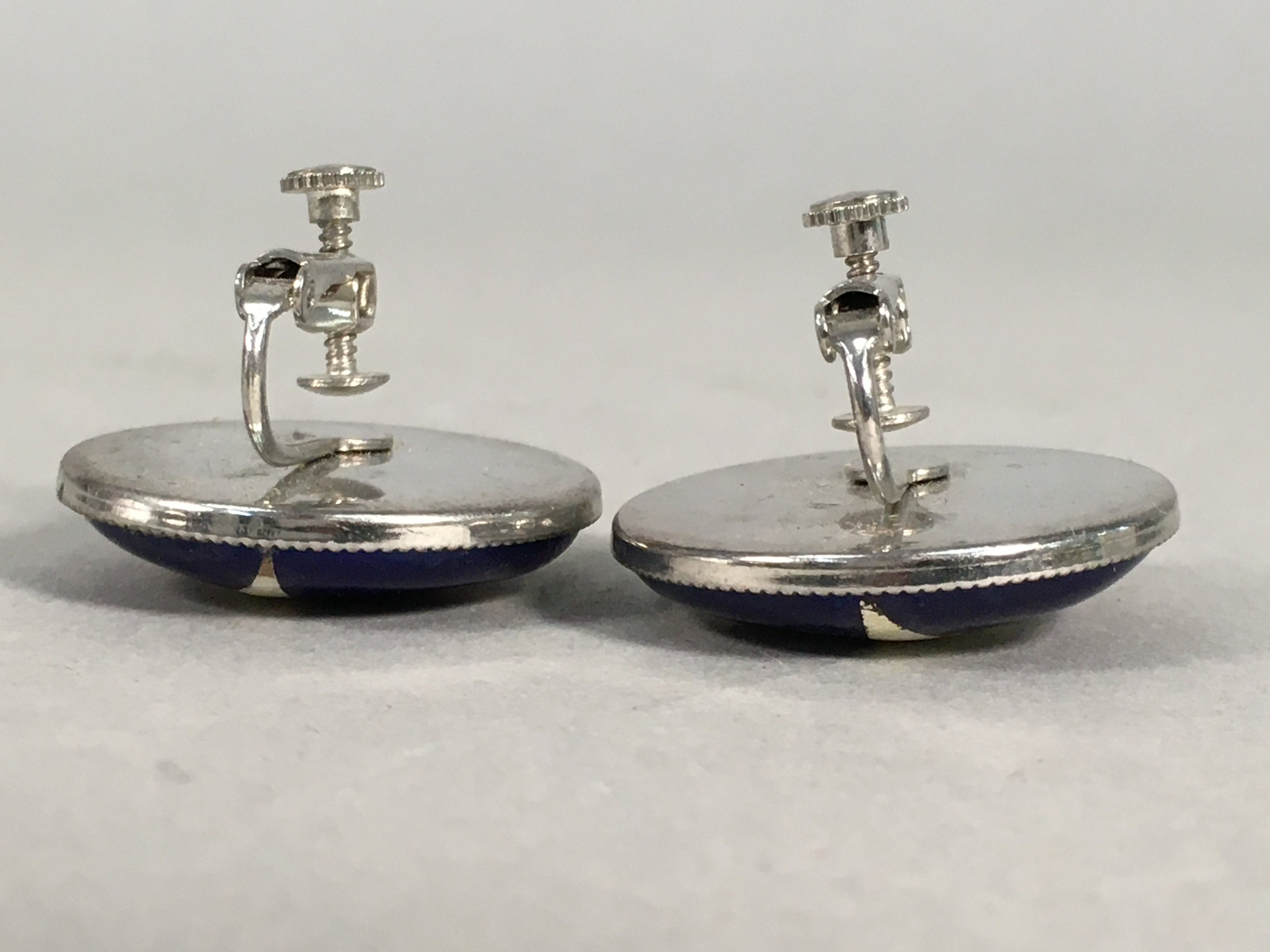 Japanese Cloisonne Earrings Vtg Metal Glass Shippo Round Gold Blue JK76
