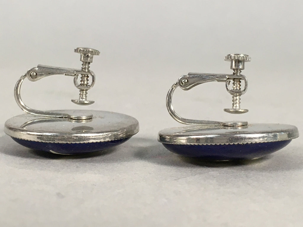 Japanese Cloisonne Earrings Vtg Metal Glass Shippo Round Gold Blue JK76