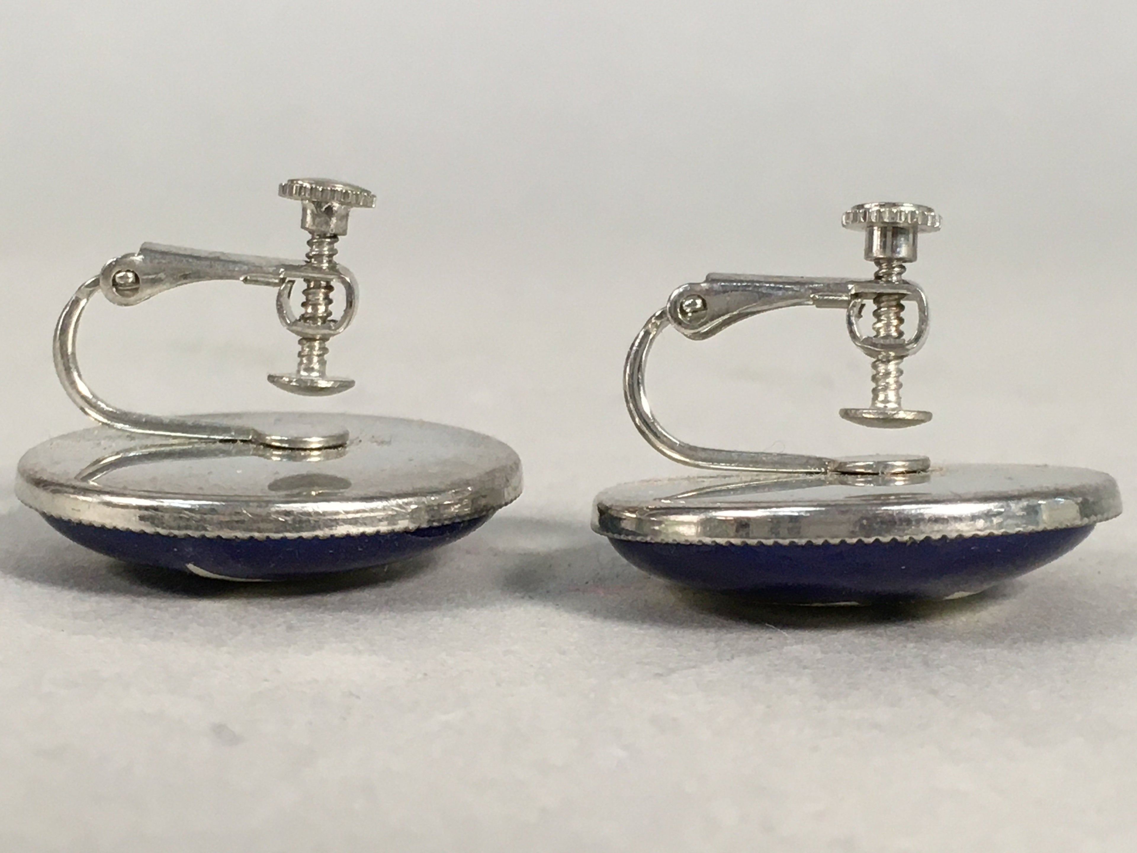 Japanese Cloisonne Earrings Vtg Metal Glass Shippo Round Gold Blue JK76