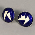 Japanese Cloisonne Earrings Vtg Metal Glass Shippo Round Gold Blue JK76