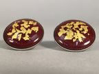 Japanese Cloisonne Earrings Vtg Metal Glass Shippo Round Gold Brown JK72