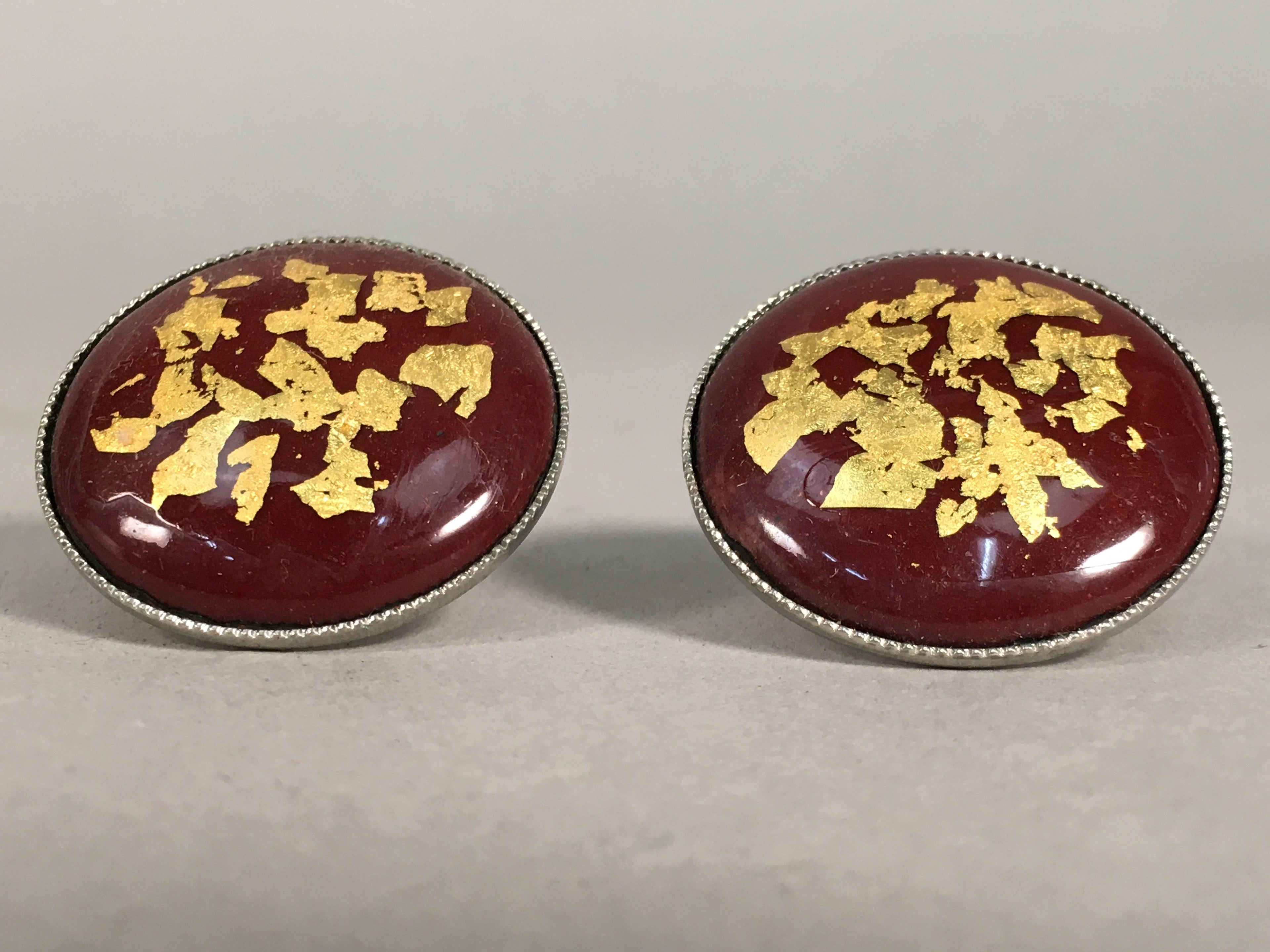 Japanese Cloisonne Earrings Vtg Metal Glass Shippo Round Gold Brown JK72