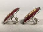 Japanese Cloisonne Earrings Vtg Metal Glass Shippo Round Gold Brown JK72