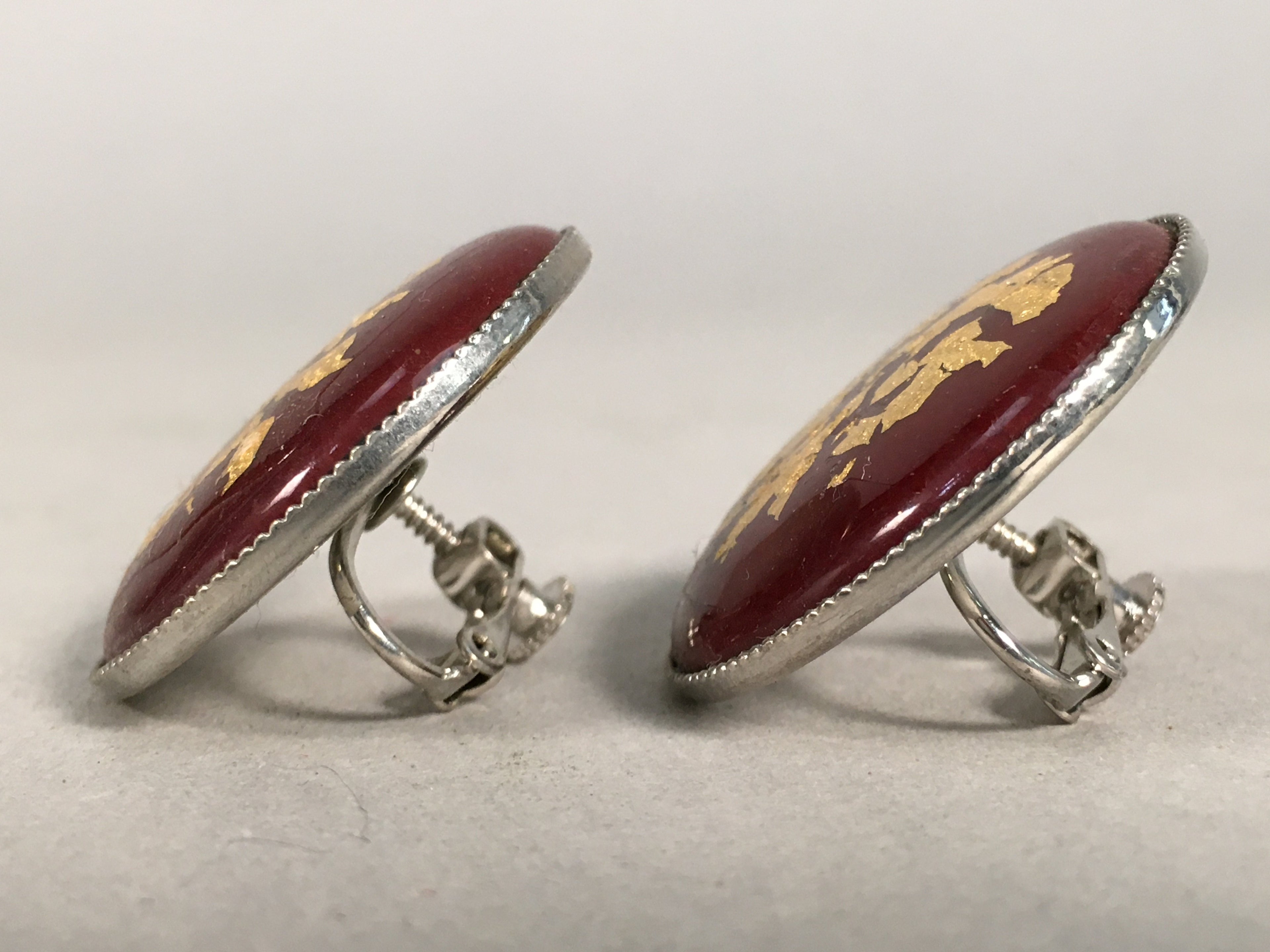 Japanese Cloisonne Earrings Vtg Metal Glass Shippo Round Gold Brown JK72