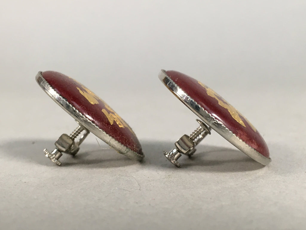 Japanese Cloisonne Earrings Vtg Metal Glass Shippo Round Gold Brown JK72