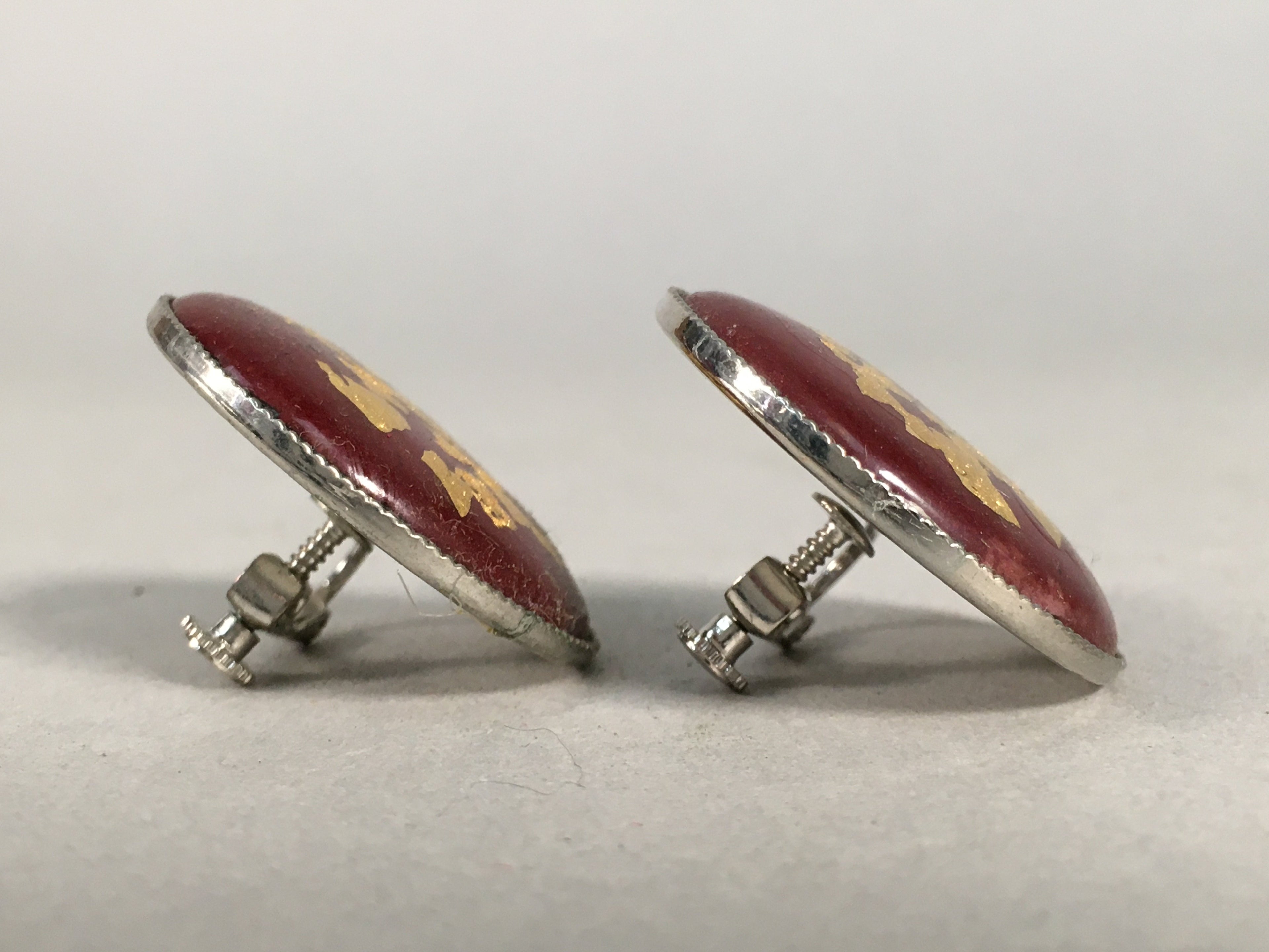 Japanese Cloisonne Earrings Vtg Metal Glass Shippo Round Gold Brown JK72
