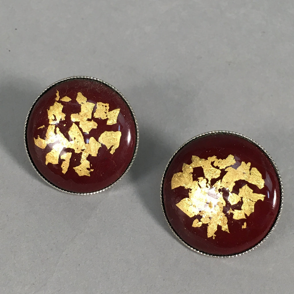 Japanese Cloisonne Earrings Vtg Metal Glass Shippo Round Gold Brown JK72