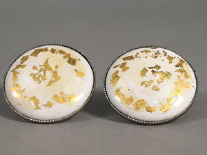 Japanese Cloisonne Earrings Vtg Metal Glass Shippo Round Gold White JK74