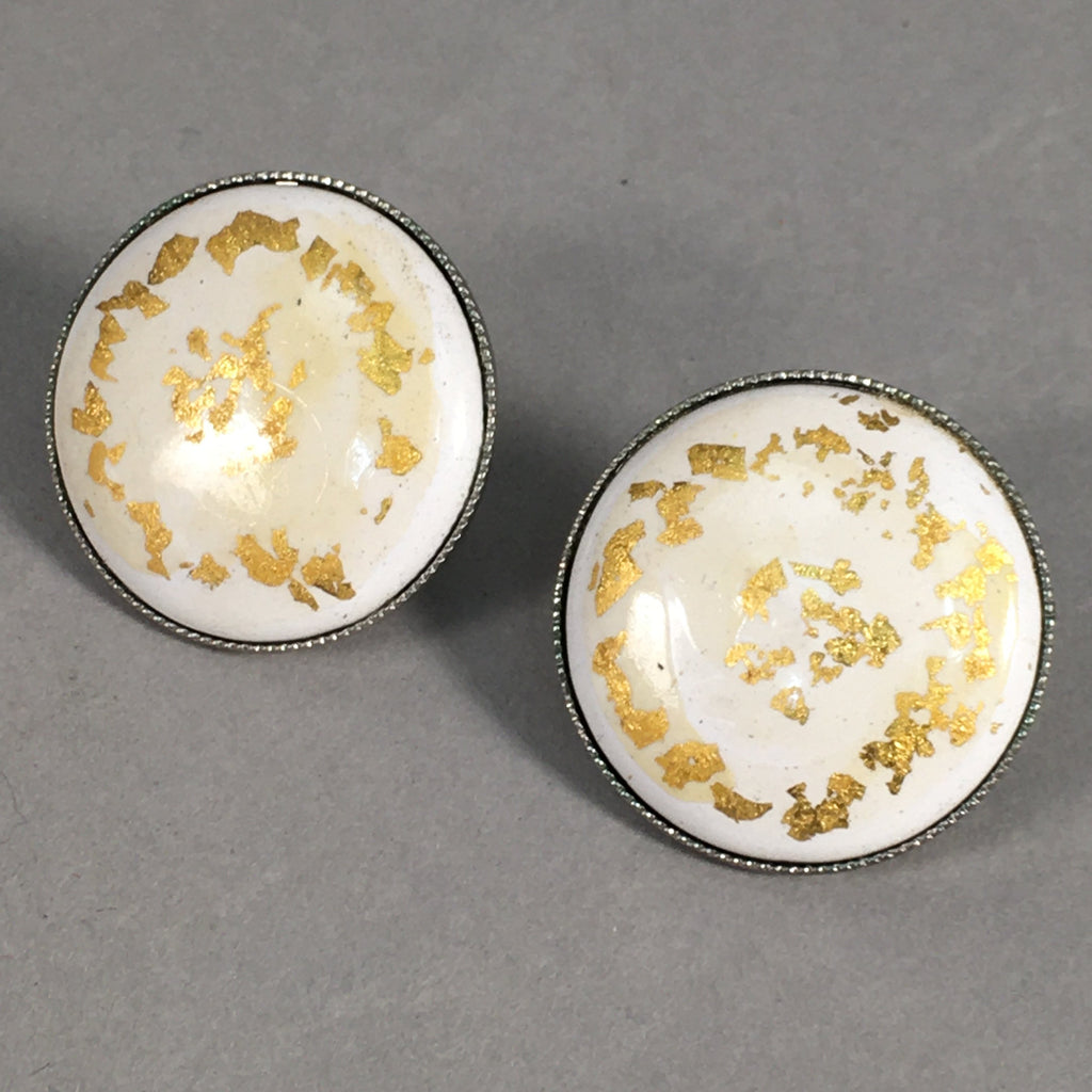 Japanese Cloisonne Earrings Vtg Metal Glass Shippo Round Gold White JK74