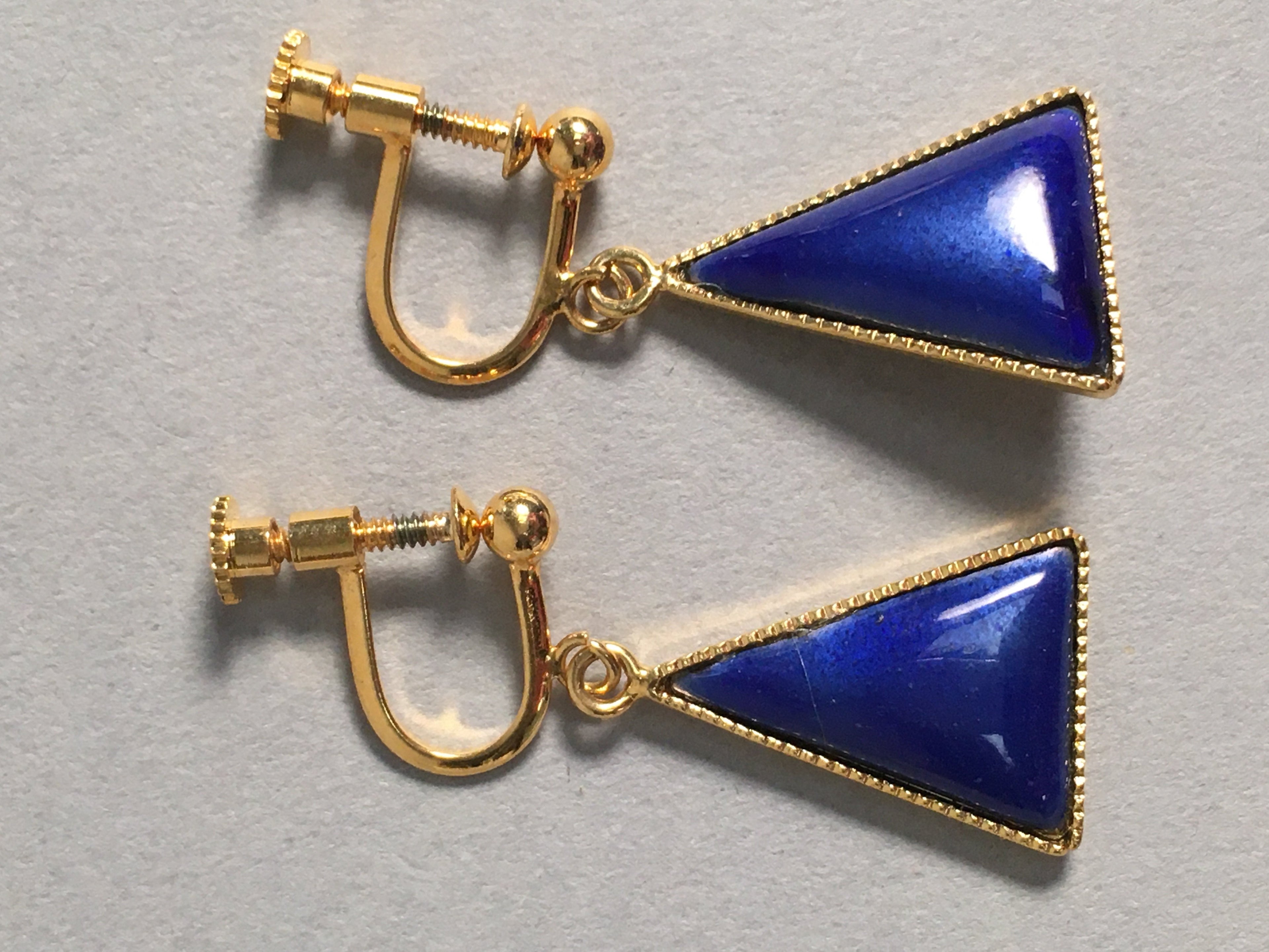 Japanese Cloisonné Earrings Vtg Metal Glass Shippo Triangle Blue JK105