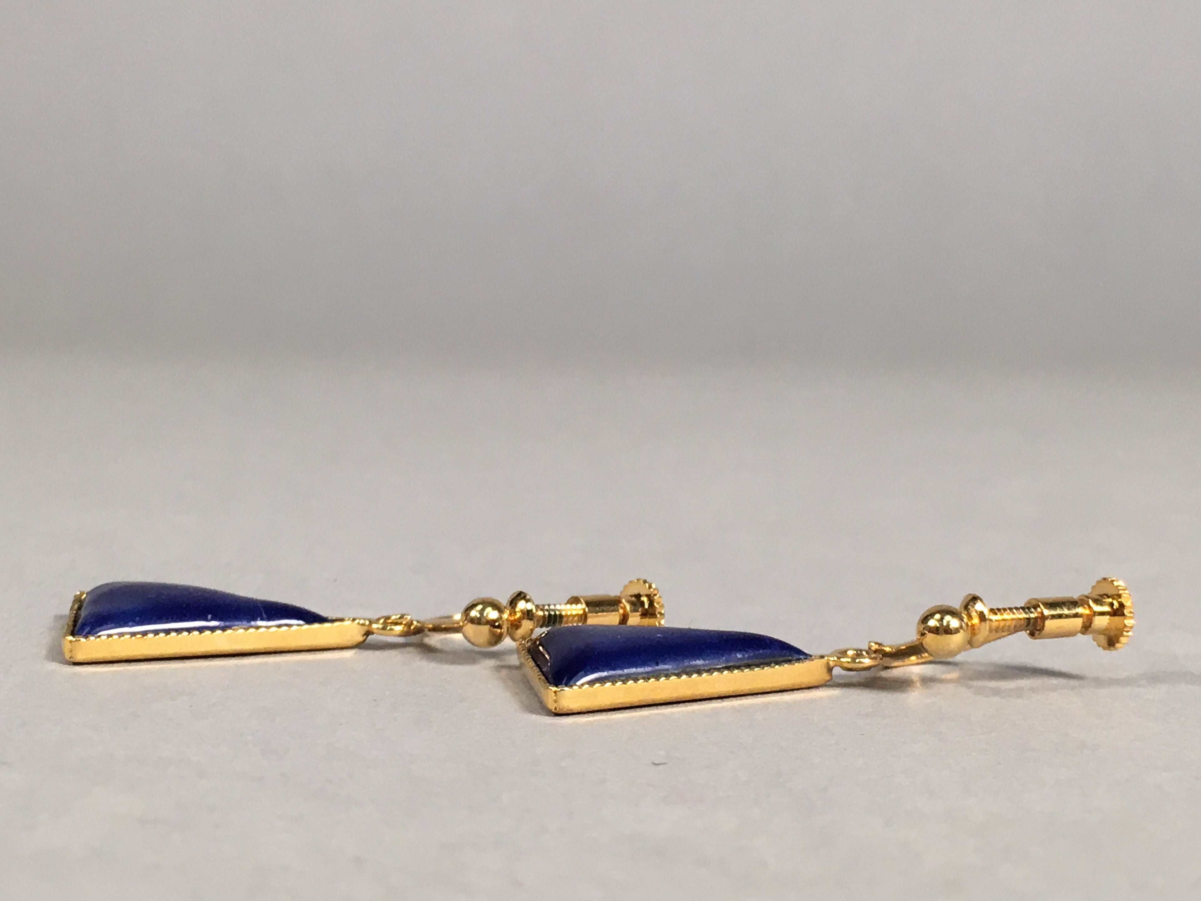 Japanese Cloisonné Earrings Vtg Metal Glass Shippo Triangle Blue JK105