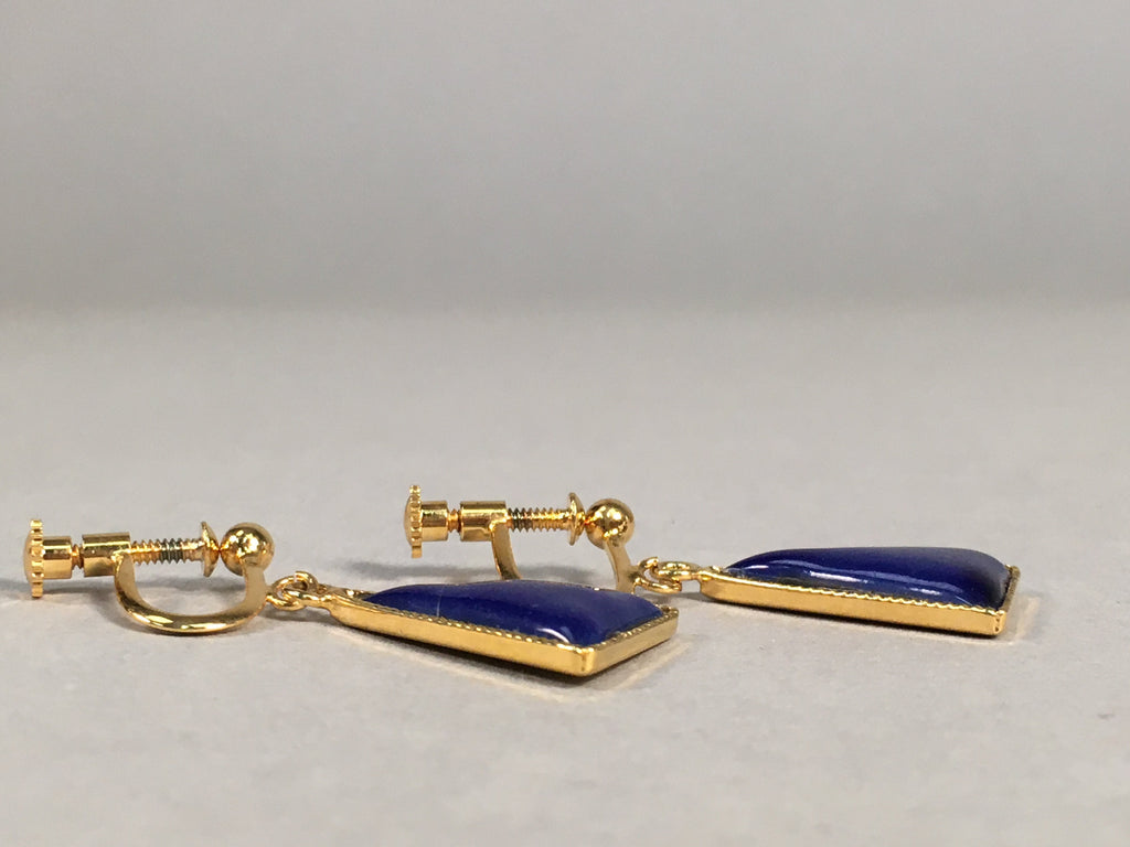 Japanese Cloisonné Earrings Vtg Metal Glass Shippo Triangle Blue JK105
