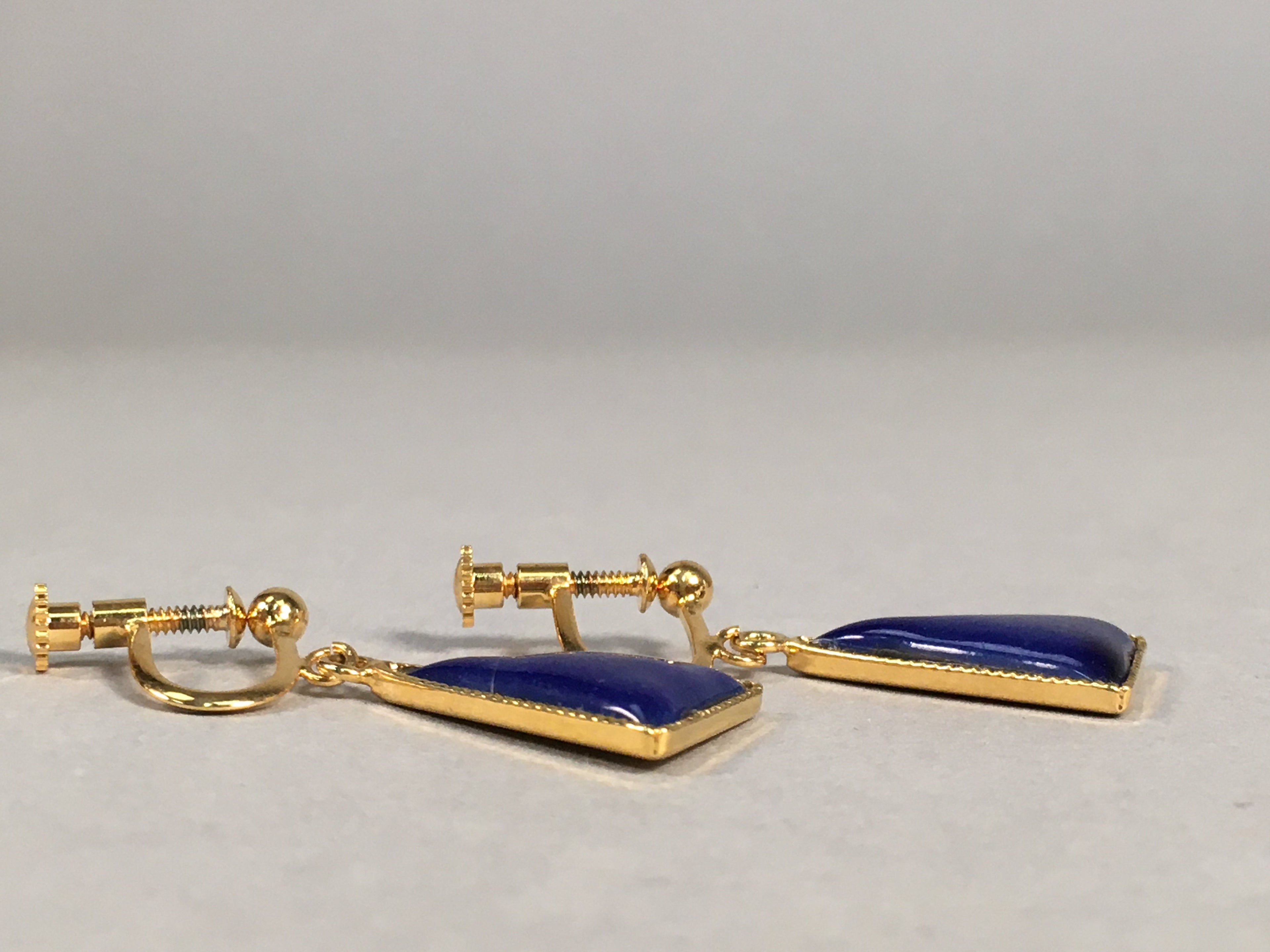 Japanese Cloisonné Earrings Vtg Metal Glass Shippo Triangle Blue JK105
