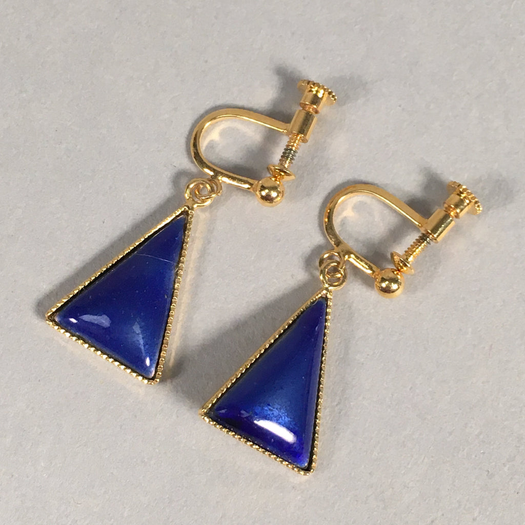 Japanese Cloisonné Earrings Vtg Metal Glass Shippo Triangle Blue JK105