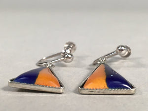 Japanese Cloisonne Earrings Vtg Metal Glass Shippo Triangle Blue Orange JK104