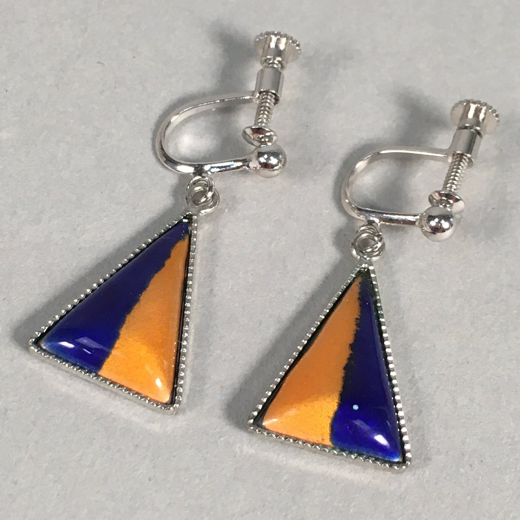 Japanese Cloisonne Earrings Vtg Metal Glass Shippo Triangle Blue Orange JK104
