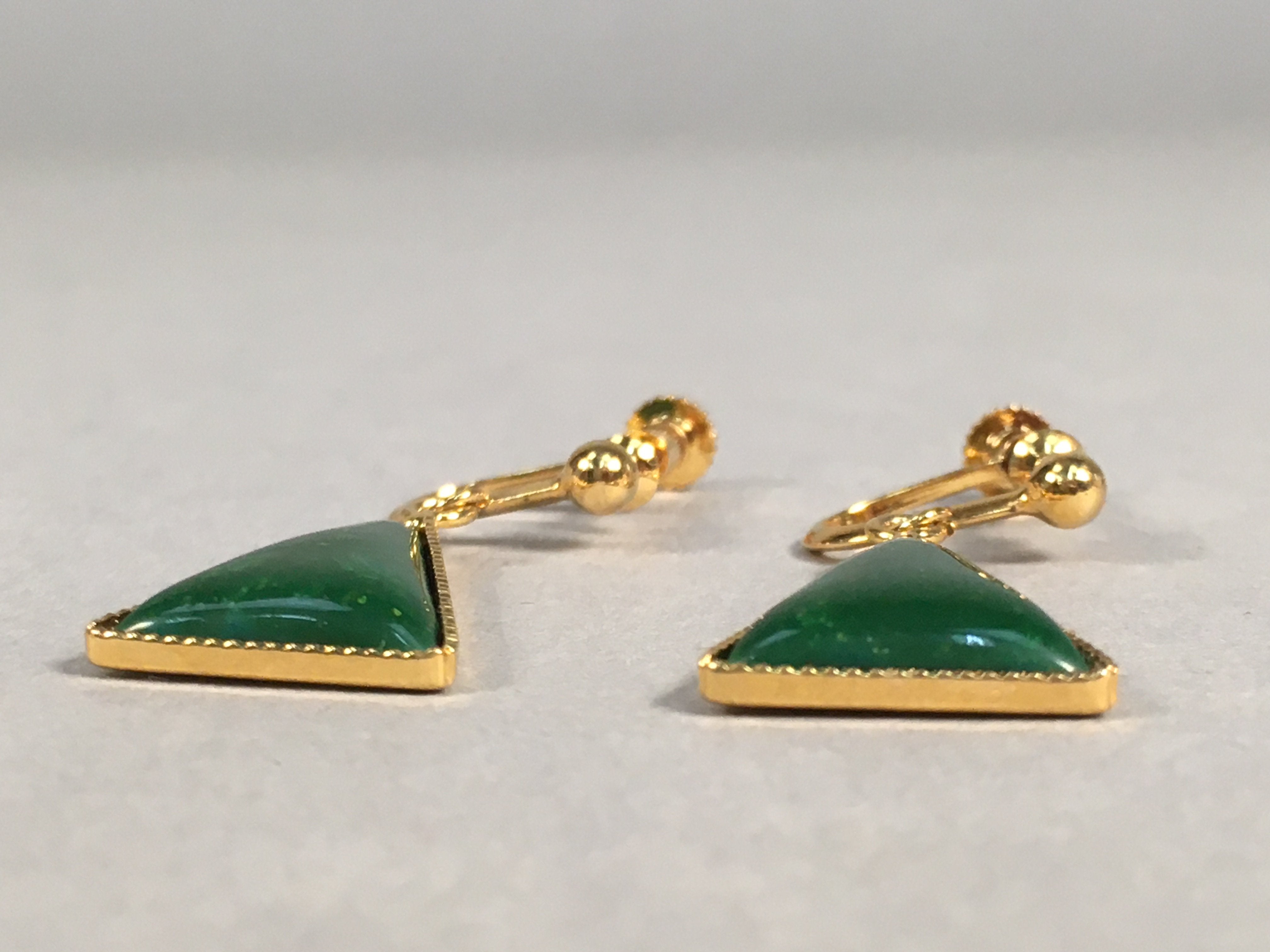 Japanese Cloisonne Earrings Vtg Metal Glass Shippo Triangle Green JK100