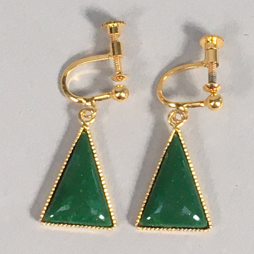 Japanese Cloisonne Earrings Vtg Metal Glass Shippo Triangle Green JK100
