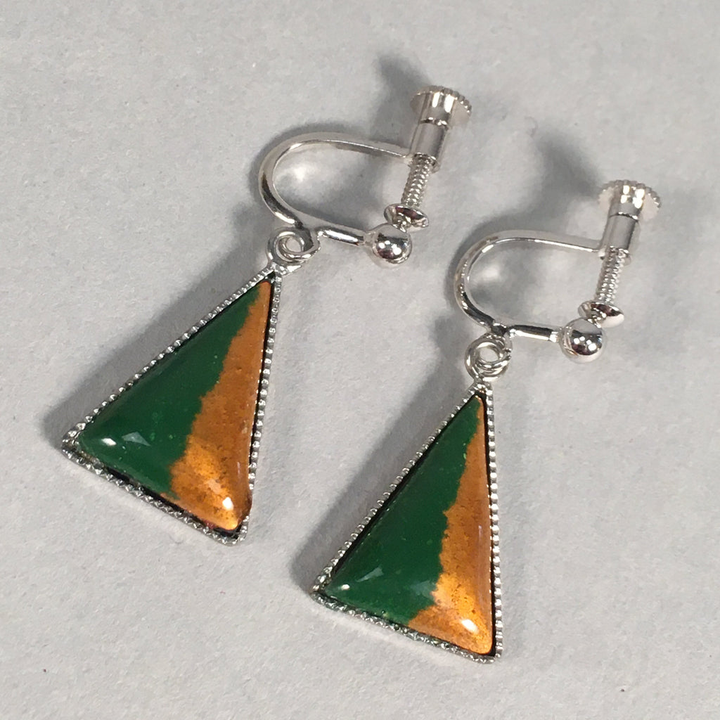 Japanese Cloisonne Earrings Vtg Metal Glass Shippo Triangle Green Orange JK103