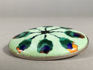 Japanese Cloisonne Oval Brooch Vtg Metal Glass Pin Green Gold JK58