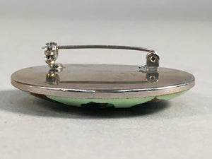 Japanese Cloisonne Oval Brooch Vtg Metal Glass Pin Green Gold JK58