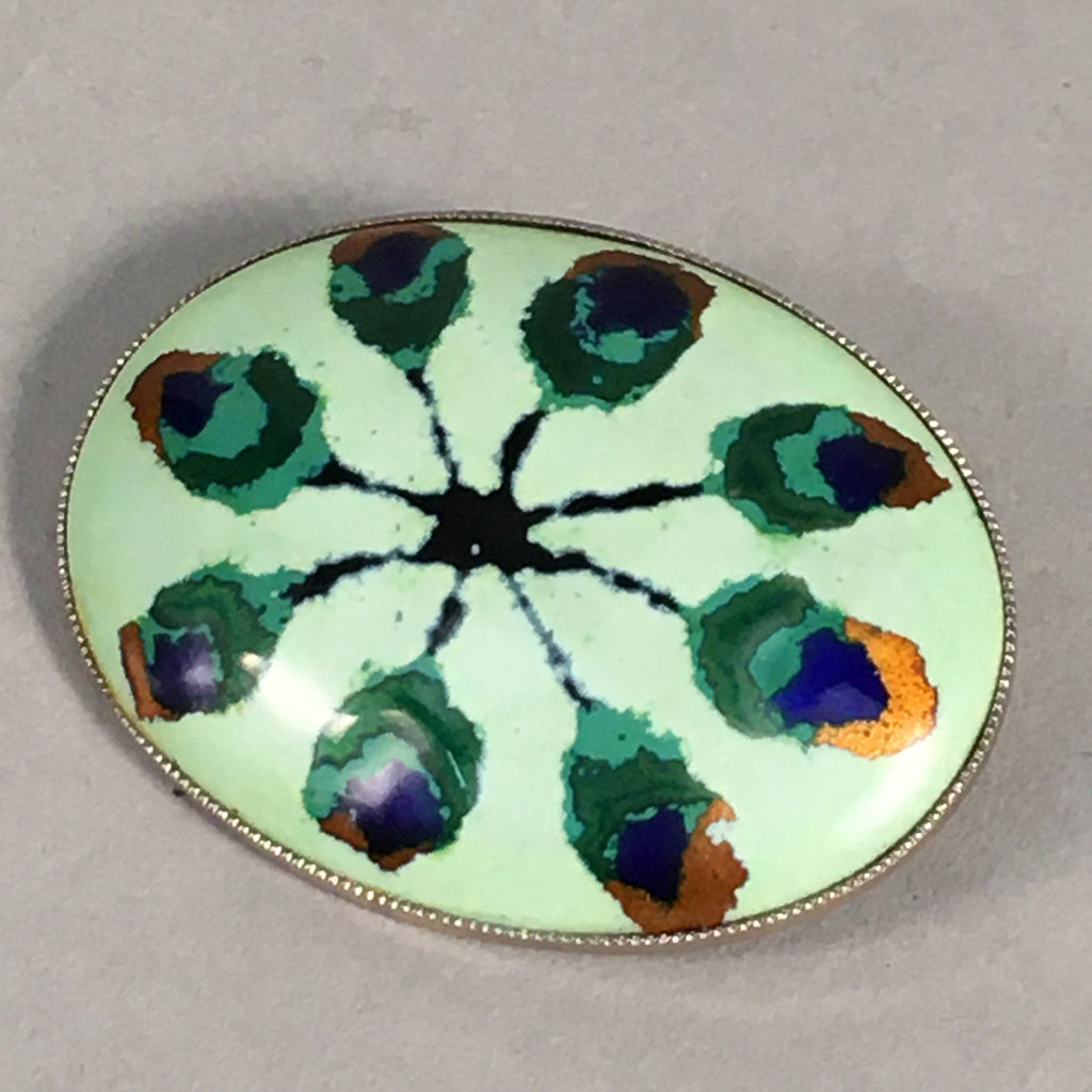 Japanese Cloisonne Oval Brooch Vtg Metal Glass Pin Green Gold JK58