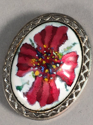 Japanese Cloisonne Oval Brooch Vtg Metal Glass Pin Red White Flower Petal JK59