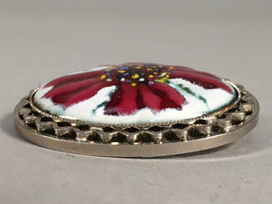 Japanese Cloisonne Oval Brooch Vtg Metal Glass Pin Red White Flower Petal JK59