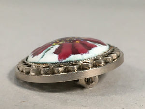 Japanese Cloisonne Oval Brooch Vtg Metal Glass Pin Red White Flower Petal JK59