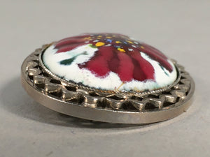 Japanese Cloisonne Oval Brooch Vtg Metal Glass Pin Red White Flower Petal JK59