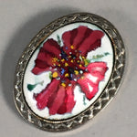 Japanese Cloisonne Oval Brooch Vtg Metal Glass Pin Red White Flower Petal JK59