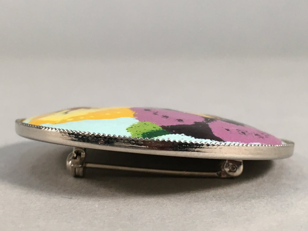 Japanese Cloisonne Round Brooch Vtg Metal Glass Pin Flower Purple Yellow JK49