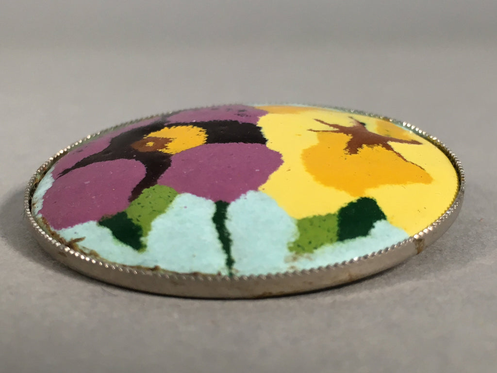 Japanese Cloisonne Round Brooch Vtg Metal Glass Pin Flower Purple Yellow JK49